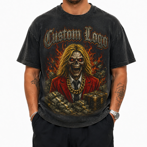 <b>Men</b> Distressed Oversized <b>Skull</b> Money Graphic T <b>Shirt</b> Heavyweight Cotton DTG Print Gothic Streetwear Ripped Hem Casual Boxy Tee - Product Image 2