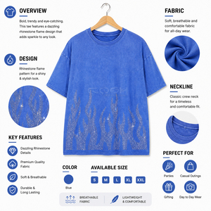 Camiseta de Algodón Azul Extra Grande para Hombre de Cosh International con Estampado de Llama con Pedrería, Estilo Casual Urbano, Manga Corta, Cuello Redondo - Product Image 6