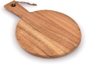 Tabla de cortar redonda de madera de acacia con asa, rústica, para picar y servir, para charcutería, queso, pizza, pan, para exportación - Product Image 5