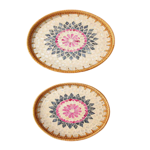 Bandeja Redonda de Nácar Hecha a Mano y Personalizada con Diseño Floral Azul, Artesanía India, Incrustaciones de Madera y Nácar, Utensilios de Cocina - Product Image 4