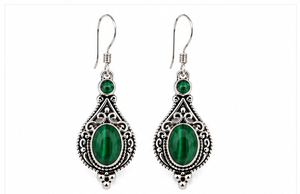 Boucles d'oreilles pendantes en argent sterling 925 avec malachite, pierre précieuse verte, filigrane, faites à la main, bijoux statement pour femmes - Product Image 3