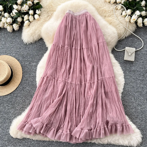Jupe longue plissée en organza pour femme, taille élastique, avec volants, couleur unie, style été, longueur au sol - Product Image 2