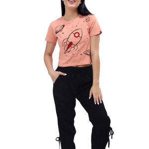 Women's Pink Crop <b>Top</b> Crew Neck Short Sleeve Printed Rocket Space Design Casual Spring Summer Wear - Product Image 3