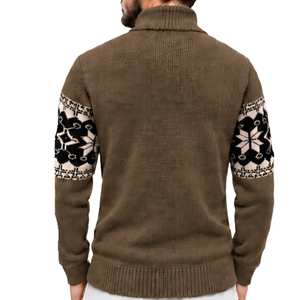 Pull en maille marron pour homme, col zippé, motif Fair Isle flocon de neige nordique jacquard, col montant, poignets et ourlet côtelés, collection hiver, vente en gros de tricots - Product Image 2