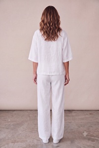 Ensemble deux pièces décontracté pour femme en coton slub uni, col rond, manches 3/4, avec poches, respirant, coupe ample, idéal pour l'été - Product Image 3