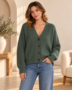 Cárdigan Verde de Punto Acanalado con Cuello en V para Mujer, Manga Larga, Botones al Frente, Estilo Casual para Otoño, 100% Acrílico, Anti-Pilling - Product Image 4