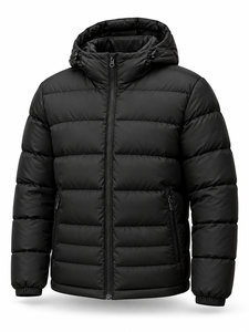 Chaqueta Acolchada con Capucha para Hombre, Negra, Cálida, Impermeable, Cortavientos, de Secado Rápido, Informal, con Cierre Frontal, Color Sólido, Relleno de Poliéster - Product Image 1