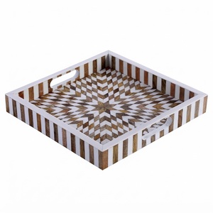 Plateau de service géométrique hexagonal en os incrusté, rayé noir et blanc, fait main, avec poignées, pour table basse, vente en gros, décoratif - Product Image 5