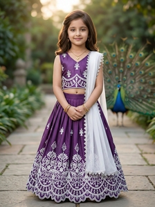 Shoryam mode filles violet brodé parole longueur Lehenga Choli enfants indien traditionnel ethnique robe de soirée de mariage ensemble - Product Image 2