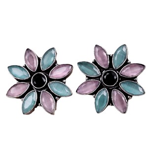 Pink Zircon Marquise Cut Brass Floral <b>Stud</b> Earrings | Antique <b>Silver</b> Plated Boho Tribal Jewelry Gift for Women Anniversary - Product Image 3