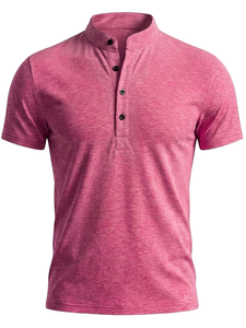 Men's Stand Collar Short Sleeve Knitted T-Shirt Slim Fit Solid Color Casual Regular Length Pink Summer 200 Grams Breathable - Product Image 3