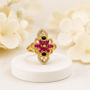 Atractivo Anillo Floral de Oro de 14k con Pétalos de Gemas Rosas y Trabajo de Esmalte Negro, Joyería para Mujer para Fiestas - Product Image 2