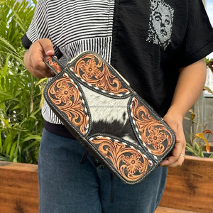 Sac cosmétique en cuir usiné à la main portable de grande capacité sac de maquillage féminin cheveux sur la peau de vache organisateur voyage trousse de toilette et étuis - Product Image 5