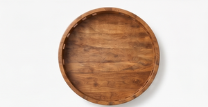 Plateau de service rond en bois de manguier finition naturelle, plateau décoratif en bois avec clôture murale à lattes ouvertes - Product Image 3
