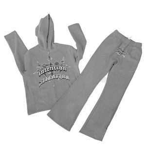Conjunto de Sudadera con Capucha Oversize Lavada con Cremallera y Pedrería Estilo Streetwear y Pantalones de Chándal Holgados para Hombre - Product Image 2