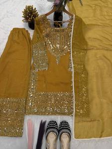 Ensemble Sharara Salwar/Palazzo en Georgette de Soie Ethnique Indienne Brodé pour Femme, Hiver et Été, Anti-humidité - Product Image 5