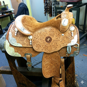 Silla de Montar Occidental de Alta Calidad con Diseño de Tallado a Mano y Detalles Plateados, Asiento de Cuero de Ante de Última Tendencia - Product Image 1