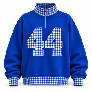 Sudadera Azul de Mujer con Media Cremallera, Cuello y Puños a Cuadros con Parche 44, Estilo Casual para Otoño - Product Image 1