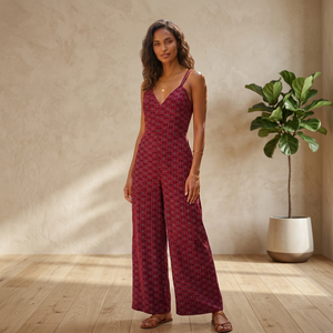 V Neck Sweet Natural Floral Geometric Print Maxi <b>Jumpsuit</b> Sleeveless Spaghetti Strap Breathable Summer Woven Cotton Casual Dress - Product Image 4