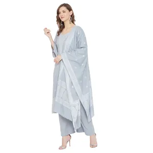 Tissu de robe non cousu en coton tissé Chikankari gris ardoise Safaa - Ensemble ethnique indien 3 pièces et dupatta assorti pour femmes - Product Image 4