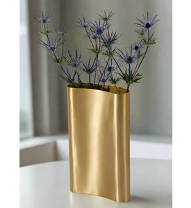 Brushed Gold Rectangular Metal <b>Vase</b> Contemporary Floral Display Accent For Chic Interior Ambience - Product Image 1