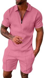 Men's Pink Solid Quarter-Zip Embroidered Polo Shirt and Shorts <b>Set</b> Quick Dry <b>Knitted</b> Formal Summer Wear - Product Image 2