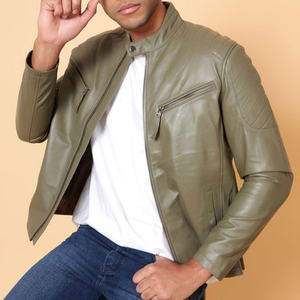 Men's Olive Green Genuine Leather <b>Waterproof</b> Eco-Friendly Moto <b>Jacket</b> Stand Collar Zipper Closure Slim Fit Solid Color Autumn - Product Image 3