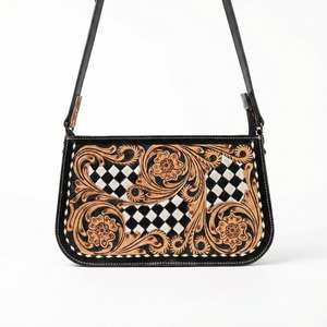 Correa de Hombro Ligera de Cuero Genuino 100% con Diseño Floral Tallado a Mano y Patrón a Cuadros, Estilo Western Vintage de Alta Calidad para Mujer - Product Image 6