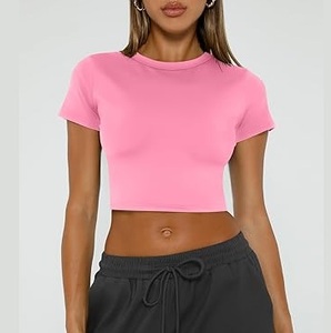 Camiseta Deportiva de Yoga, Ajustada, Corta, Lisa, Color Rosa, Transpirable, Cuello Redondo, Manga Corta, para Chicas, MOQ Bajo - Product Image 1