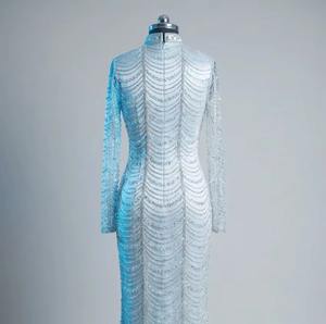 Robe de soirée sirène haut de gamme en perles argentées, manches longues, robe de couture, fournisseur en gros sur mesure - Product Image 2