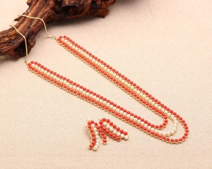 3 Layer Long Pearl and Coral Necklace Set 22K Gold Plated Brass Round White Red Bridal Jewelry Adjustable Chain for Women - Product Image 1
