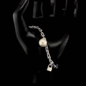 <b>Solid</b> Unique Vintage <b>Silver</b> Plated Chain <b>Bracelet</b> With Imitation Pearl Lock Design For Unisex Fashion Jewelry - Product Image 2