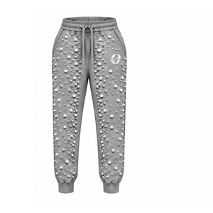 Silver Gray Pearl Beaded <b>Jogger</b> Pants <b>Women</b> Fashion Embellished Drawstring Sweatpants Luxury Casual Streetwear <b>Fleece</b> Trousers - Product Image 1