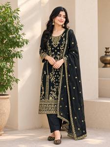 Costume Anarkali brodé noir pour femmes avec dupatta, tenue traditionnelle indienne et pakistanaise, longueur cheville, coupe régulière, polyester, décontracté - Product Image 4