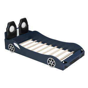 Cama Infantil con Forma de Auto de Carreras, Tamaño Individual, Color Azul, de Madera, con Luces LED y Respaldo Tapizado - Product Image 1