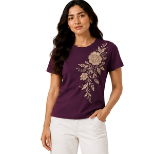 T-shirt en coton personnalisé pour femme, col rond, manches courtes, motif floral brodé beige, décontracté, OEM, qualité supérieure, mode estivale - Product Image 1