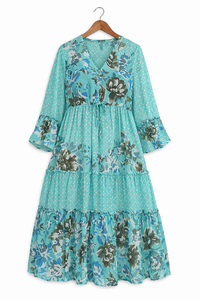 Vestido Largo Estampado Floral de Poliéster, Cuello en V, Mangas Largas, Estilo Boho, Transpirable, Informal, para Primavera, Verano y Playa - Product Image 2