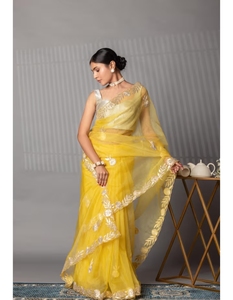 Sari KV Zari Jaipuri en viscose jaune et organza avec broderie Gotta traditionnelle et chemisier non cousu pour les fêtes - Product Image 1