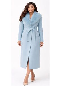 Veste de moto en laine bleue pour femme, col en fourrure, ceinture, design long pour l'hiver, doublure en coton respirante - Vêtement d'hiver minimaliste et formel - Product Image 5