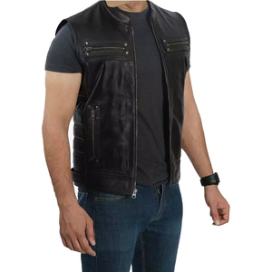 Wholesale <b>Men</b> <b>Leather</b> Vest Real Cowhide Biker Style Zipper <b>Waistcoat</b> Durable Outerwear For Windproof Casual Clothing - Product Image 3