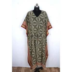 ชุดเดรสสั้นผ้าฝ้ายแท้พิมพ์ลาย Bagru แบบอินเดีย พิมพ์ลายด้วยมือ เหมาะสำหรับฤดูร้อน ลายดอกไม้ ชุดคลุมชายหาด/ชุดนอนคนท้องแสนสบาย แบบยาว - Product Image 1