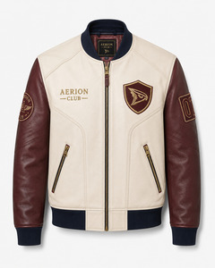 Blouson Bomber en Cuir PU pour Homme, Marron Crème, avec Patchs, Coupe-Vent, Décontracté, Fermeture Éclair, Automne - Product Image 1