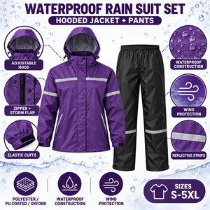 Custom <b>Purple</b> Weather Guard Waterproof Rain <b>Suit</b> Hooded Jacket Pants Reflective Outdoor Workwear Weather Protection Supplier - Product Image 4