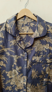 New Elegant Floral Pattern Cotton Pajama Set Breathable Button Notched-Collar Shirt With Flowing <b>Trousers</b> Two Piece Pj Set - Product Image 3