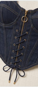 Denim <b>Patchwork</b> Corset <b>Top</b> Spaghetti Strap Button Front Fitted Bodycon Casual Wear for All Seasons - Product Image 6