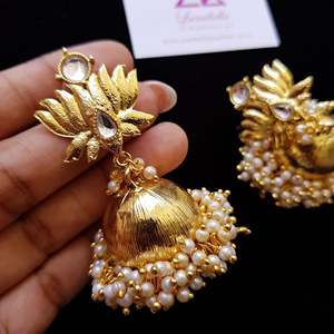 18K Gold Plated Pearl Drop Jhumki Earrings-Classic Religious Charm Earrings - Product Image 1