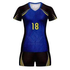 Custom Women's Blue Black Yellow Sublimated <b>Volleyball</b> Jersey <b>Set</b> Short Sleeve Moisture Wicking Fitted Adult Sports Apparel - Product Image 1