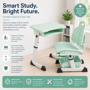 Ensemble de bureau et chaise ergonomiques modernes pour enfants avec étagère réglable en hauteur pour la salle de classe du primaire - Product Image 2