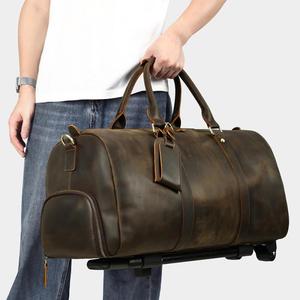 Sac de voyage en cuir véritable Crazy Horse avec compartiment à chaussures, sac de voyage à roulettes, sac de voyage en cuir pour homme - Product Image 1