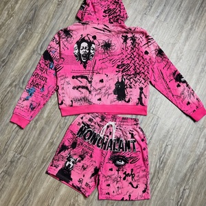 Ensemble survêtement streetwear personnalisé pour homme : sweat à capuche zippé et short en polaire avec imprimé lettrage gothique haute densité – Fournisseur - Product Image 2